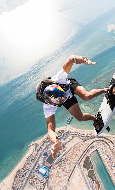 Sebastian Alvarez performs during Red Bull Skydive Into a Wave, at Surf Abu Dhabi, in Abu Dhabi, United Arab Emirates on September 23, 2024.