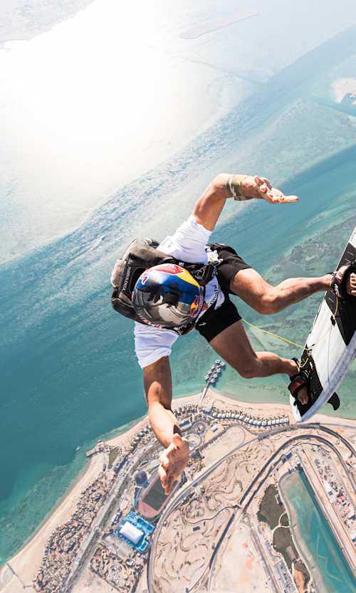 Sebastian Alvarez performs during Red Bull Skydive Into a Wave, at Surf Abu Dhabi, in Abu Dhabi, United Arab Emirates on September 23, 2024.