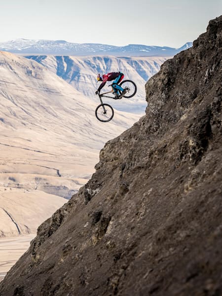 MTB freerider Carson Storch pushes fear to the back of his mind as he takes a huge drop from a cliff.