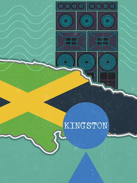 An illustration showing the location of Kingston, Jamaica, with a stack of soundsystem speakers.