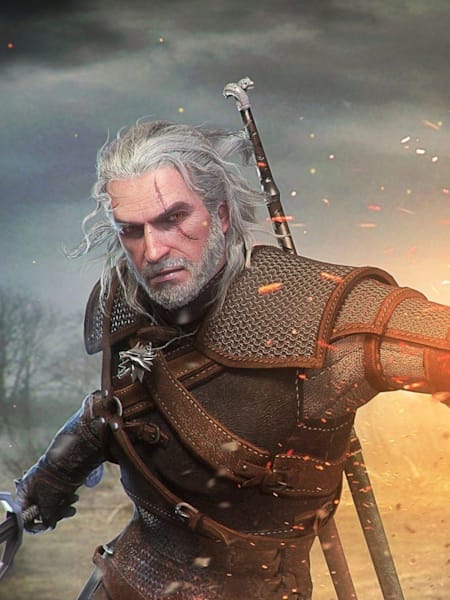 SoulCalibur VI : Le nouveau personnage Geralt du jeu vidéo Soul Calibur 6 sur PS4, Xbox et PC.