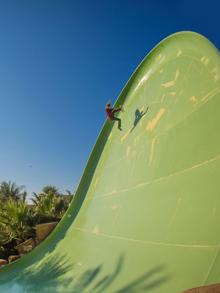 Alex Sorgente boosts a fat boneless on a huge slide at Aquaventure Waterpark at the Atlantis The Palm Hotel in Dubai.