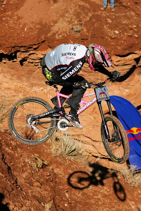 A close-up of Cedric Gracia’s mountain bike at Red Bull Rampage.
