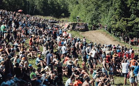 A competitor rides at the Mont-Sainte-Anne DH World Cup in September 2022.