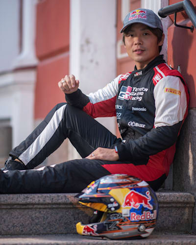 Takamoto Katsuta of Toyota Gazoo Racing seen sitting on some steps while posing for a portrait during the World Rally Championship Estonia in Tartu, Estonia on July 14, 2021.