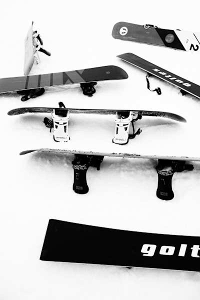 Detail of snowboards at the start of Red Bull Edge in Schruns, Austria