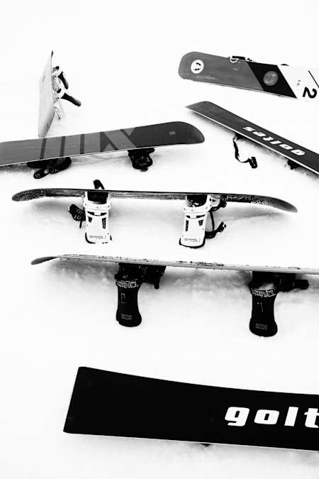 Detail of snowboards at the start of Red Bull Edge in Schruns, Austria