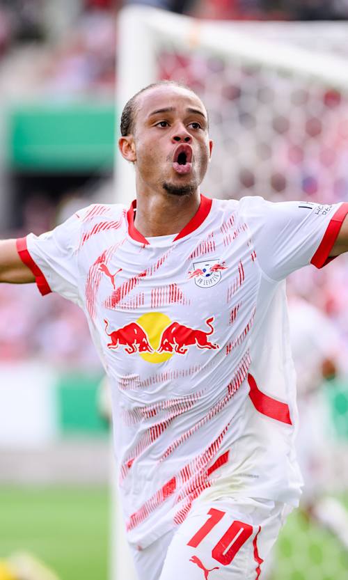Xavi Simons celebrates a goal while playing for RB Leipzig.
