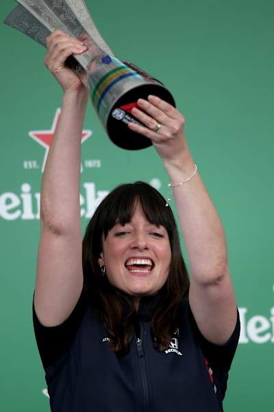 Red Bull Racing Senior Strategy Engineer Hannah Schmitz celebrates on the podium during the F1 Grand Prix of Brazil at Autodromo Jose Carlos Pace on November 17, 2019 in São Paulo, Brazil. 