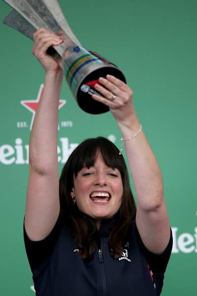 Red Bull Racing Senior Strategy Engineer Hannah Schmitz celebrates on the podium during the F1 Grand Prix of Brazil at Autodromo Jose Carlos Pace on November 17, 2019 in São Paulo, Brazil. 