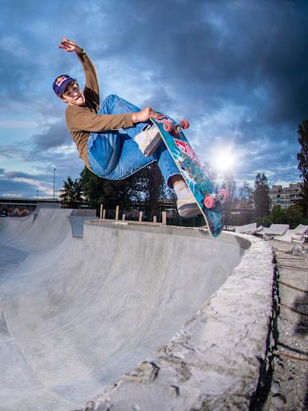 Ale Mazzara throws shapes in the deep end of an extension build at Ostia Skatepark in Italy