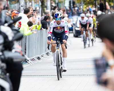 Primož Roglič rides for Red Bull - BORA - hansgrohe at the Andorra Cycling Masters Movie in Andorra on 19 October 2025, cheered by fans and fellow cyclists