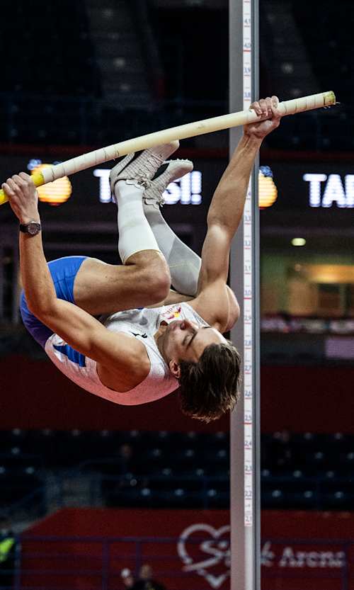 Armand Duplantis of Sweden performs during the Belgrade Indoor Meeting in Belgrade, Serbia on March 7, 2022