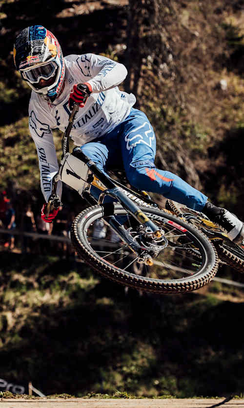 Loïc Bruni in action at the UCI DH World Championships in Lenzerheide on September 9, 2018
