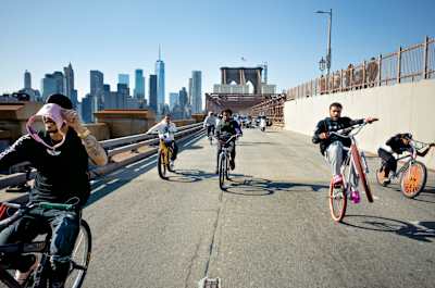 Bike Life riders on New York City's Brooklyn Bridge.