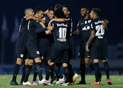 An image of footballers from Red Bull Bragantino celebrating.