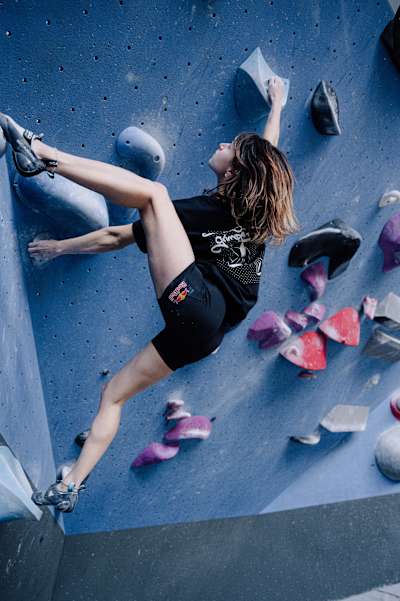 Oriane Bertone climbs during a training session in Paris, France, on April 12, 2024.
