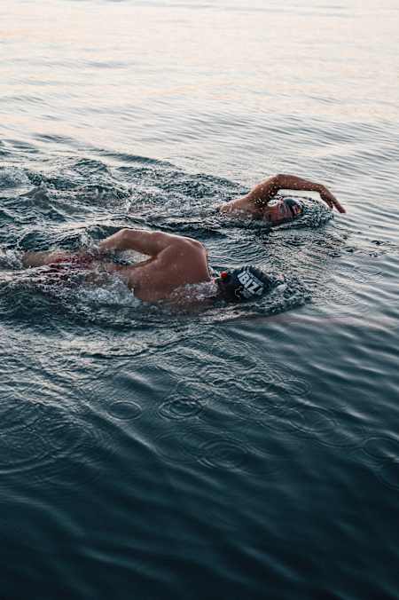 Powering through the waves, Nathalie Pohl and Andy Donaldson swim in the exhilarating open-water challenge off the coast of Ibiza in 2025.