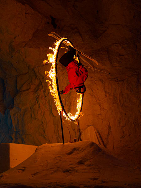 Jesper Tjäder backflipping through fire ring during Gameshow Project in Gallo, Sweden on October 2, 2020.