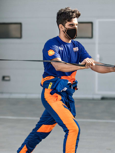 Indian racer Jehan Daruvala trains and warms up before a race at the Yas Marina Circuit in Abu Dhabi.