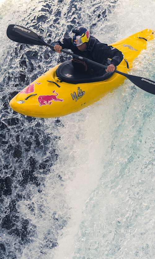 Aniol Serrasolses dropping a waterfall in Fossa, Iceland on June 29, 2021.