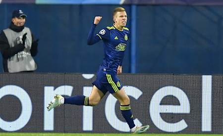 Dani Olmo of GNK Dinamo Zagreb after scoring during the UEFA Champions League group C match between Dinamo Zagreb and Manchester City at Maksimir Stadium on December 11, 2019 in Zagreb, Croatia.