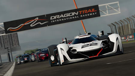 A GT car head on at Dragon Trail, as seen in Gran Turismo Sport