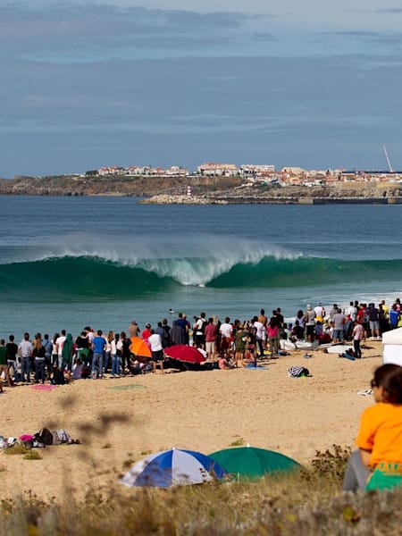 A surfing contest at Supertubos in Peniche, Portugal.