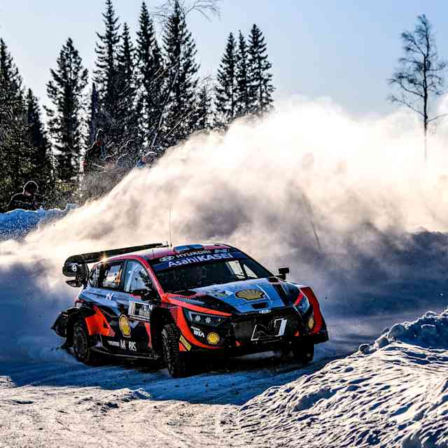 Finnish rally driver and co-driver Esapekka Lapi and Janne Ferm are seen competing during FIA World Rally Championship Sweden 2023.
