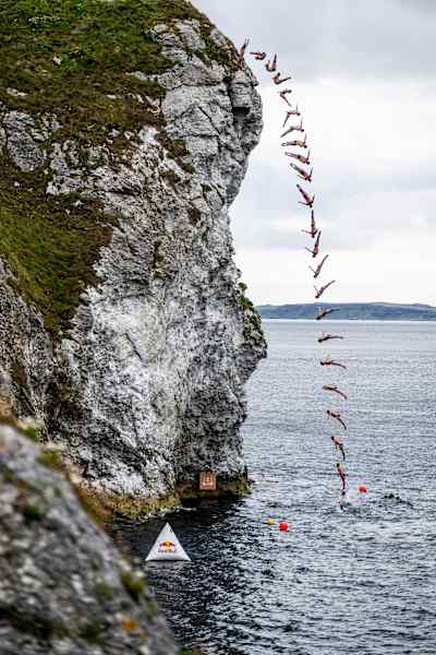 Jonathan Paredes of Mexico dives at the fourth stop of the 2024 Red Bull Cliff Diving World Series at Kinbane Castle, Causeway Coast, Northern Ireland on July 19, 2024.