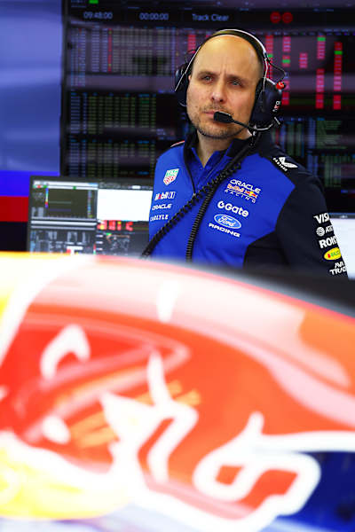 Gianpiero Lambiase, Head of Racing of Oracle Red Bull Racing looks on in the garage during day three of F1 Testing at Bahrain International Circuit on February 13, 2026 in Bahrain, Bahrain.