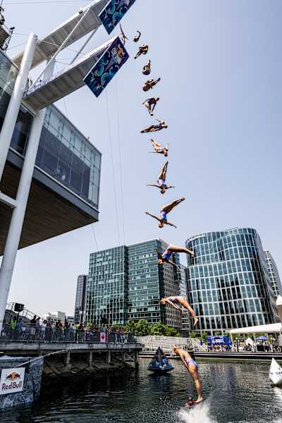 Rhiannan Iffland of Australia dives from the 21 metre platform during the first competition day of the first stop of the Red Bull Cliff Diving World Series in Boston, USA on June 2, 2023.