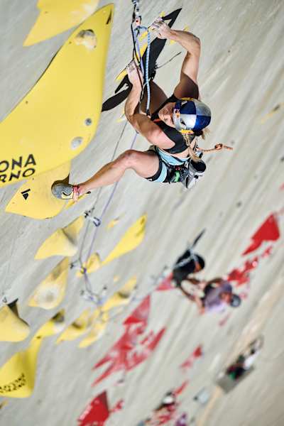 Jessica Pilz of Austria climbs the 180m multi-pitch man made route at the Verzasca Dam during the final of Red Bull Dual Ascent in Verzasca, Switzerland on November 2, 2024.