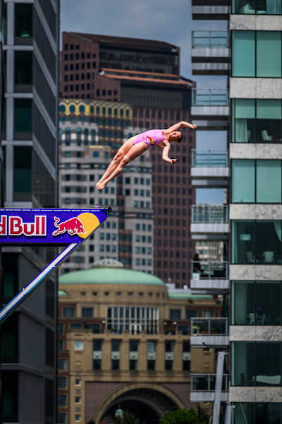 Molly Carlson of Canada dives during the second stop of the 2024 Red Bull Cliff Diving World Series in Boston, USA on June 7, 2024.