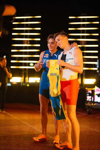 In 2024, Mondo and Karsten, athletes racing at the Karsten vs Mondo event in Zurich, Switzerland, celebrating their victory.