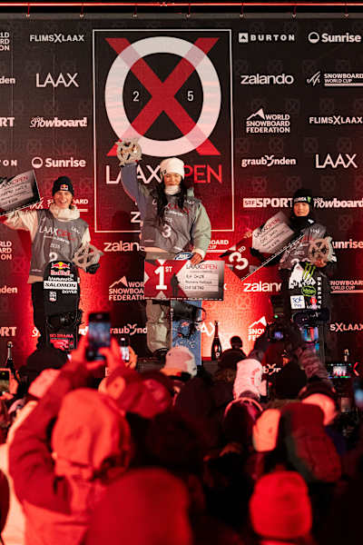 Maddie Mastro, Gaon Choi and Chloe Kim celebrate at the Laax Open 2025 snowboarding competition in Switzerland.