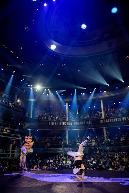B-Girl 671 from China competes against B-girl India from Holland at the Red Bull BC One World Final at Hammerstein Ballroom in New York, USA on November 12th, 2022