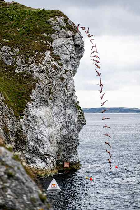 Jonathan Paredes of Mexico dives at the fourth stop of the 2024 Red Bull Cliff Diving World Series at Kinbane Castle, Causeway Coast, Northern Ireland on July 19, 2024.