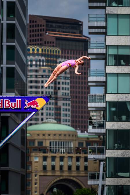 Molly Carlson of Canada dives during the second stop of the 2024 Red Bull Cliff Diving World Series in Boston, USA on June 7, 2024.
