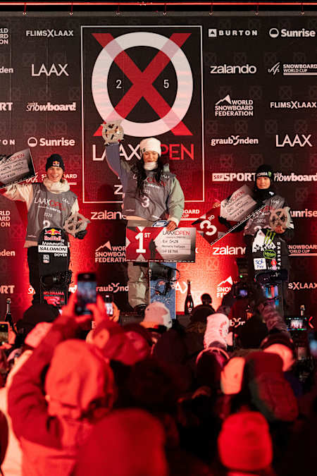 Maddie Mastro, Gaon Choi and Chloe Kim celebrate at the Laax Open 2025 snowboarding competition in Switzerland.