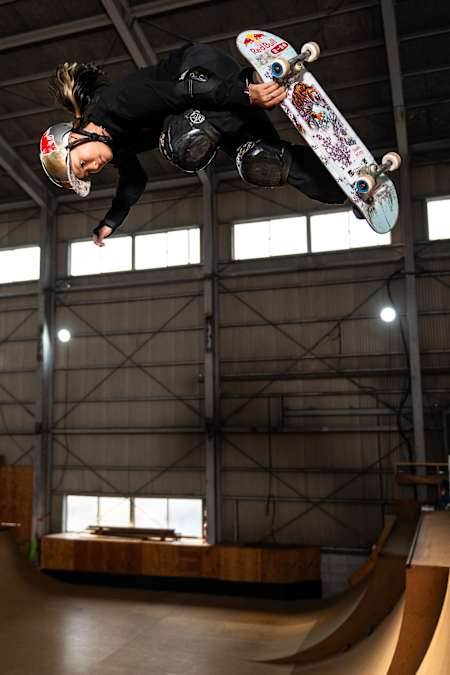Sakura Yosozumi practices skateboarding at her local park in Wakayama, Japan on December 7, 2023.