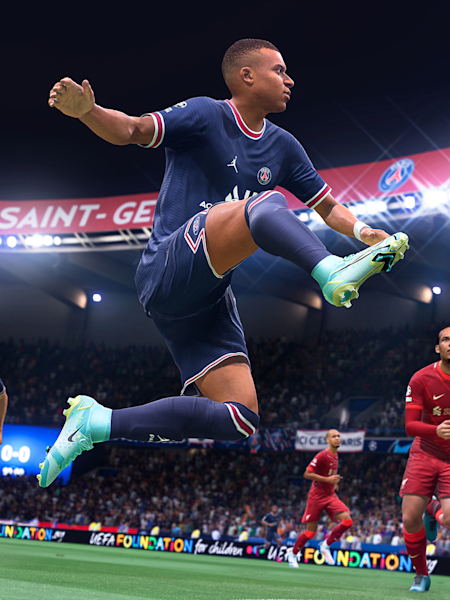 FIFA 22 in full flight with a jumping kick