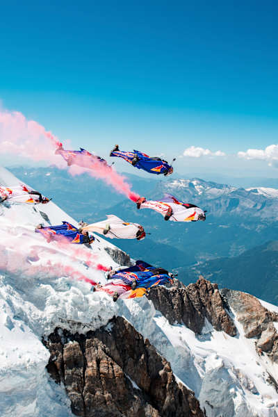Fred Fugen, Dani Roman, Marco Waltenspiel, Sebastian Alvarez, Mike Swanson and crew soar above Mont Blanc, France in a spectacular Red Bull wingsuit flying formation on June 18, 2026