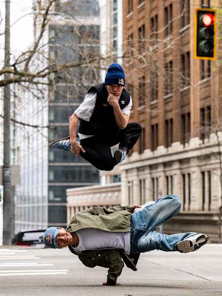 B-Boy Issin and B-Boy Shigekix from The Red Bull BC One Allstar Japan pose for a portrait prior to the Red Bull Lords of The Floor in Seattle, USA on April 6, 2024.   