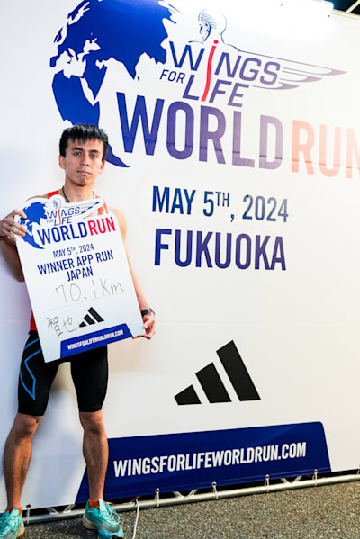 Men's Global Champion Tomoya Watanabe poses for a portrait after the Wings for Life World Run in Fukuoka, Japan on May 5, 2024.