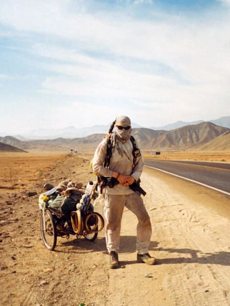 Protection from the wind is essential for Karl Bushby on the long road through Chile and Peru as he walked from South America to the UK.