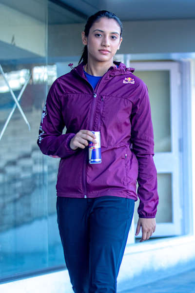Indian women's cricket team opening batter Smriti Mandhana drinks Red Bull.