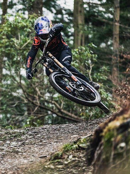 MTB rider Gee Atherton performs in the Dyfi in Wales on January 12, 2018.