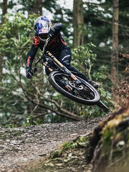 MTB rider Gee Atherton performs in the Dyfi in Wales on January 12, 2018.