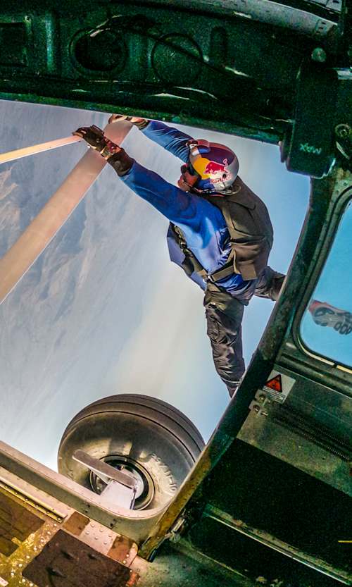 Pilot Luke Aikins is seen successfully entering the silver plane during Plane Swap in Eloy, Arizona on April 24, 2022 